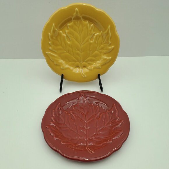 Longaberger Pottery Leaf Dessert Plates Butternut Paprika Embossed Leaves Plates - Picture 1 of 6